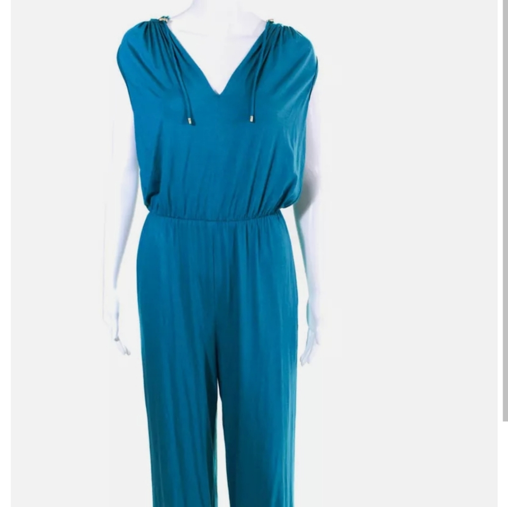 Trina turk Woman's Sleeveless V-neck Hoodie Jumpsuit ,color:Tile blue